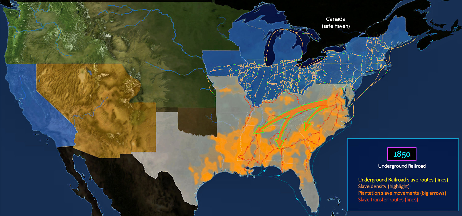 Slave density,Underground Railroad, 1850 map